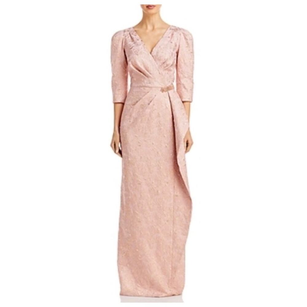 NWT Teri Jon 229041 Blush Peplum Stretch Metallic Jacquard Gown with Beads - Picture 9 of 10